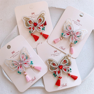 新年红儿童珍珠发夹甜美汉服蝴蝶流苏鸭嘴夹女童拜年边夹发卡头饰