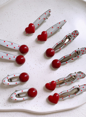 红色爱心波点金属发夹甜美少女气质侧边刘海夹碎发鸭嘴夹发卡头饰