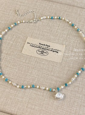 新品拍照搭配配饰黄白撞色百搭拼色锁骨链蓝色石头串珠贝壳项链女