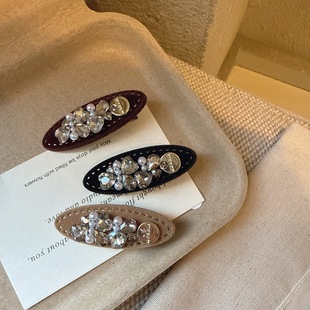 轻奢复古植绒爱心水钻珍珠发夹百搭小香风高级感侧边夹鸭嘴夹发饰