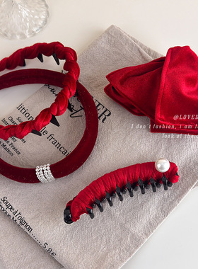 新年红色珍珠氛围感发箍高级感宽边压发发箍精致后脑勺三角夹发饰