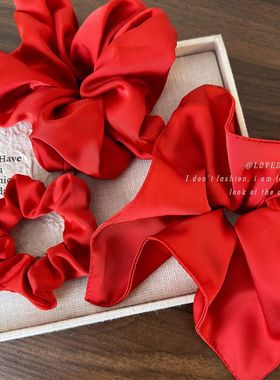 高级感复古缎面红色方巾大肠发圈发饰皮筋女扎头发绳气质马尾头绳