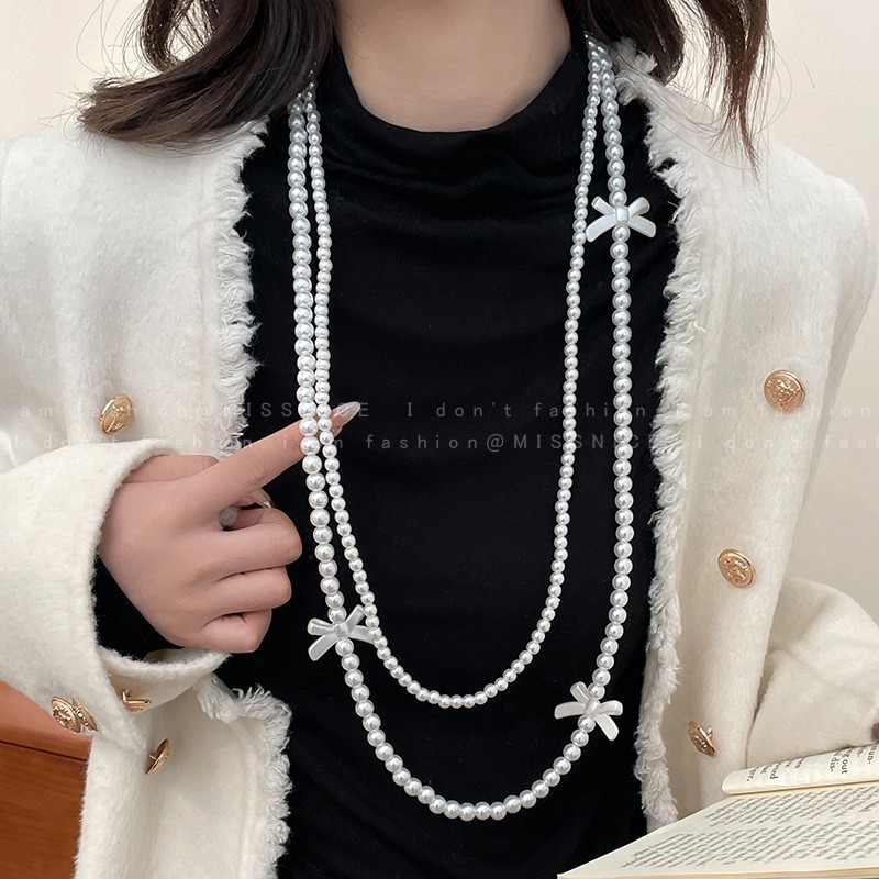 蝴蝶结大小珍珠项链双层叠戴长款毛衣链秋冬复古时尚小众饰品女