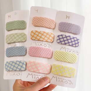 韩版 布艺网格方形BB夹小女孩春天色几何形亲子发夹儿童格子发饰