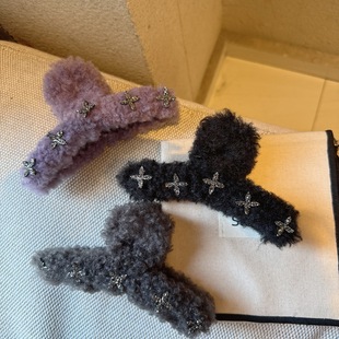 秋冬毛绒绒砂糖水钻鲨鱼夹时尚 复古少女后脑勺盘发抓夹女百搭发夹