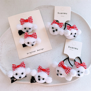 儿童可爱卡通毛绒小狗发夹发圈女童立体侧边刘海夹扎头发皮筋头绳