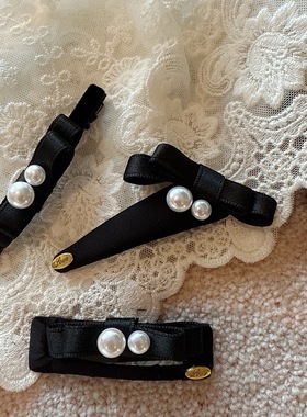 韩版布艺黑色蝴蝶结BB夹时尚气质珍珠侧边夹刘海夹碎发夹子鸭嘴夹