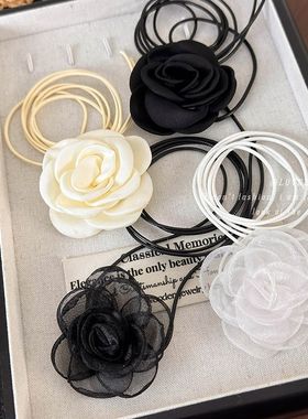 玫瑰花项链女生款choker颈花黑色花朵项圈颈带山茶花脖子蜡绳颈链