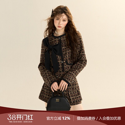 SASSYMOODY“焦糖可可”复古学院风两件套蝴蝶结小香风格纹呢套装