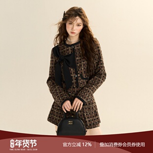 SASSYMOODY“焦糖可可”复古学院风两件套蝴蝶结小香风格纹呢套装