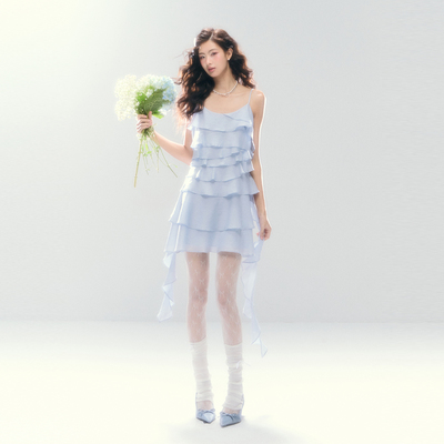 原创不规则荷叶边天丝吊带连衣裙