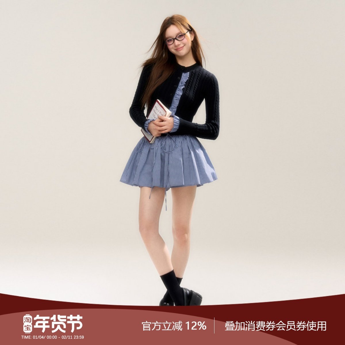 SASSY MOODY "星云方程式" 复古学院风藏青格纹蓬蓬裙半身裙短裙,女装/女士精品,半身裙,淘宝优惠券,粉丝福利购,淘宝优惠卷