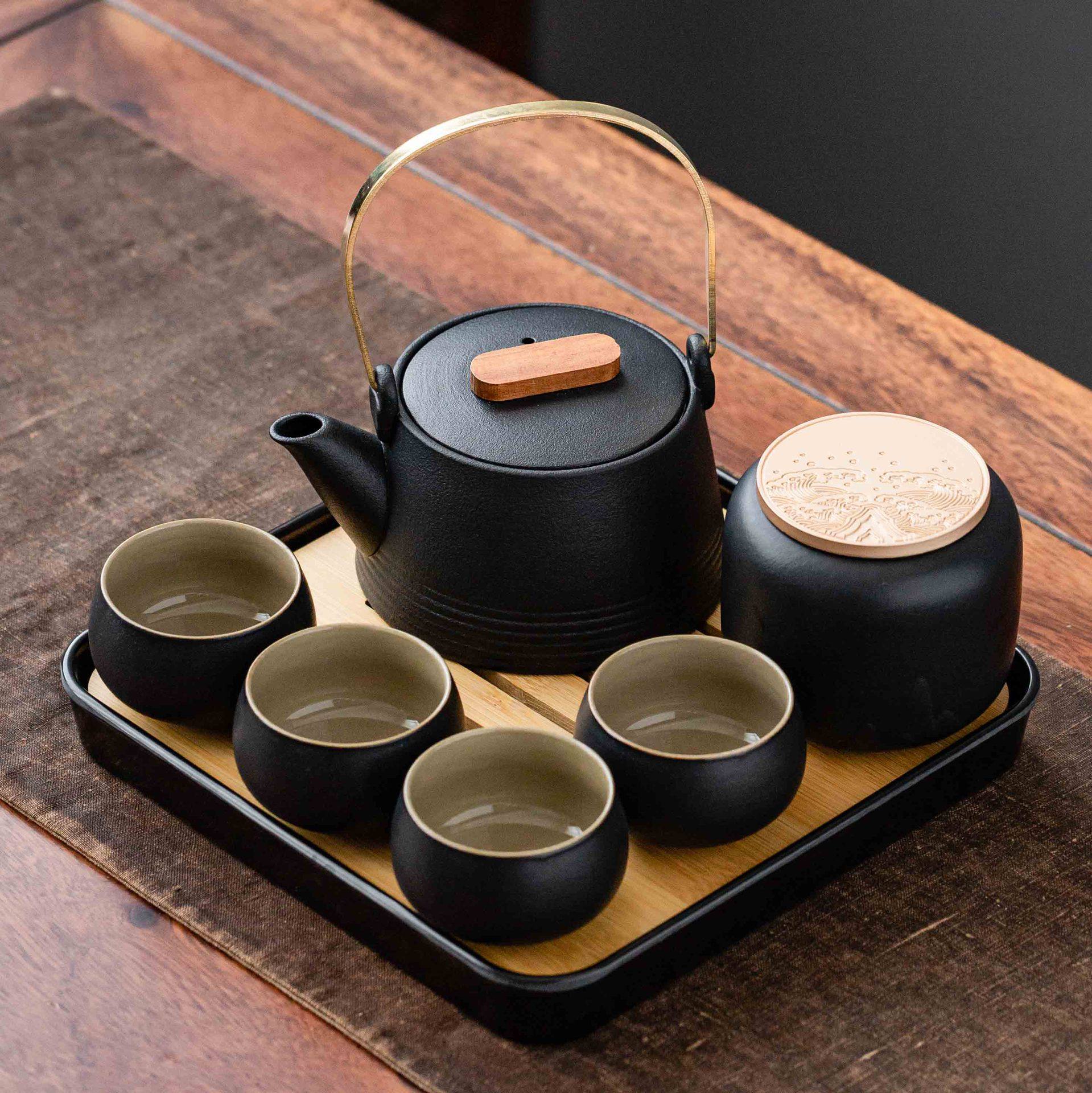 域丹瓷户外茶具套装家用便携旅行黑陶生日礼物送长辈茶壶茶盘礼盒