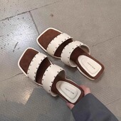 女夏外穿海边度假休闲沙滩凉拖凉鞋 法式 复古铆钉一字带小坡跟拖鞋