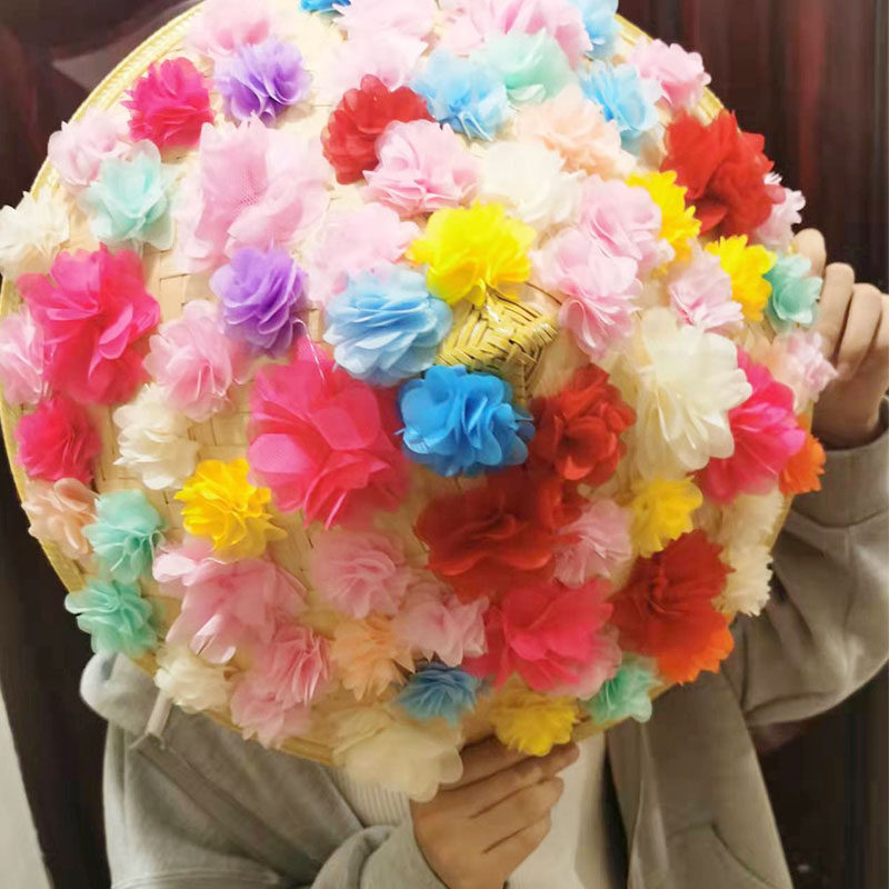 儿童舞台表演彩色满花朵草帽子定制款成人舞蹈表演道具竹编斗笠帽