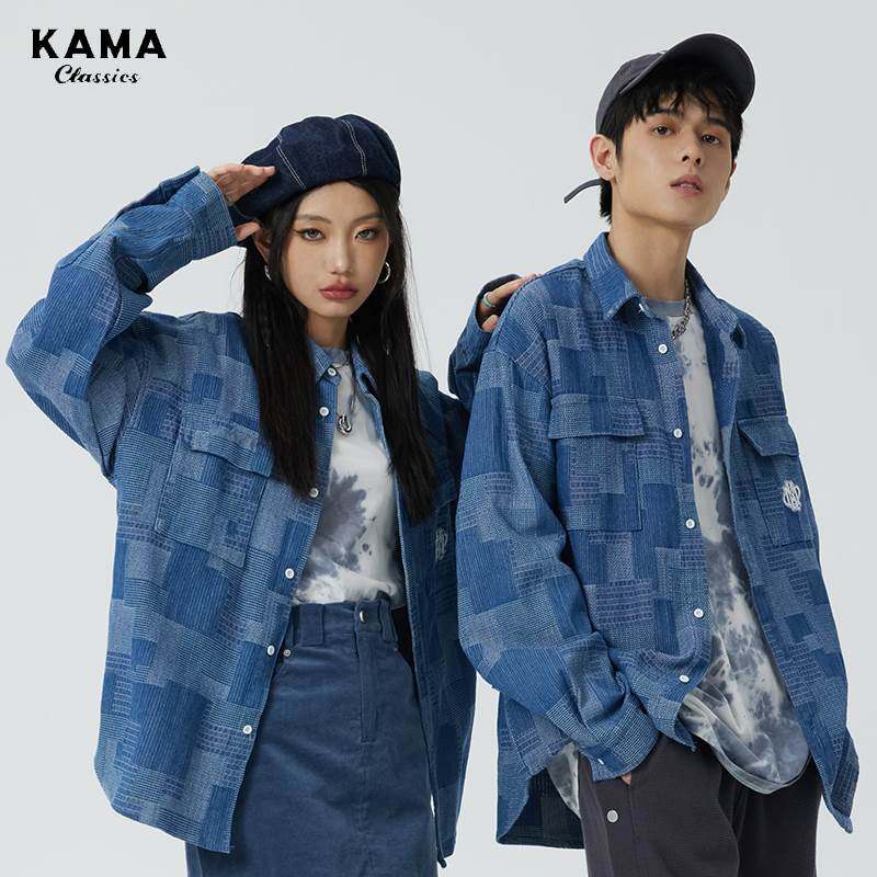 kama卡玛 帅气棋盘格撞色时尚休闲开衫牛仔衬衫外套男情侣装衬衫