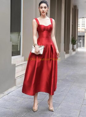 越南Tracy studio 时尚新款高级红色收腰吊带连衣裙小礼服敬酒服