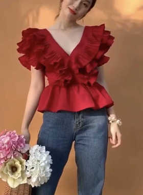 越南DEAR JOSE 时尚俏皮木耳边V领收腰夏季无袖红色上衣度假