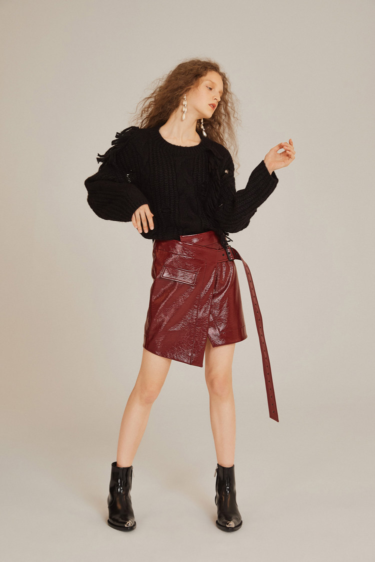 特价款 June eleven个性酒红色不规则红色绑带包臀半身裙女皮裙