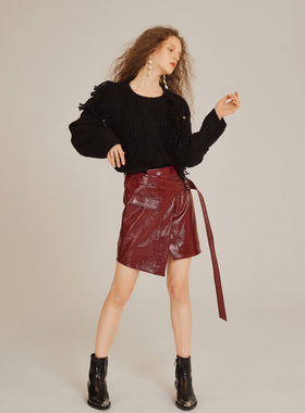 特价款 June eleven个性酒红色不规则红色绑带包臀半身裙女皮裙