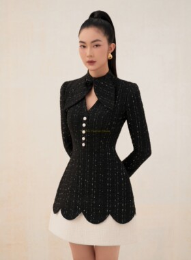 国现-越南Lobbster 时尚新款花呢高腰修身黑白拼接气质长袖连衣裙