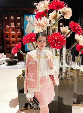 越南Amy Store新款洋气减龄粉色短款小香风套装蕾丝内搭时尚通勤