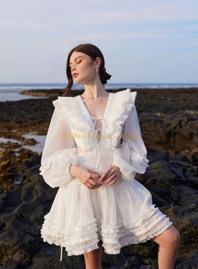 国现-越南DEAR JOSE春夏高腰镂空荷叶边下摆白色长袖度假连衣裙女