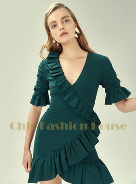 国现-澳洲设计师Keepsake新款墨绿色气质v领短连衣裙修身荷叶边