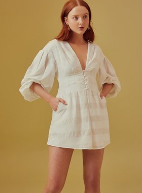 国现-澳洲Keepsake 2019白色深V纽扣条纹泡泡袖收腰连衣裙