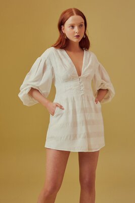 国现-澳洲Keepsake 白色深V纽扣条纹泡泡袖收腰连衣裙