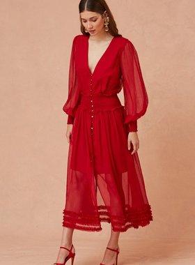 国现-澳洲keepsake 新款度假风深V收腰灯笼袖半透中长款连衣裙女