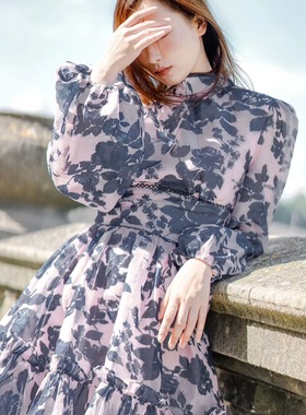 国现-澳洲Keepsake2019新品时尚优雅气质印花高腰长袖连衣裙