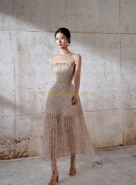 国现-越南Lobbster夏新款高腰修身抹胸吊带小碎花甜美日常连衣裙