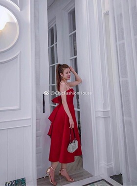 越南Lane Jt春夏季新款时髦气质红色吊带收腰长款连衣裙聚会