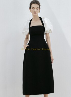 国现-越南CHATS新款高腰修身黑白简洁拼接设计收腰气质优雅连衣裙