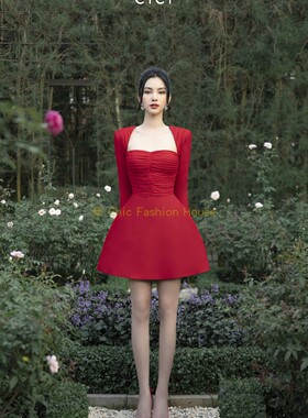 越南CICI 时尚新款高腰修身气质优雅红色长袖小礼服连衣裙女