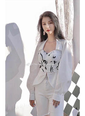 国现官方授权设计师LOOSINGWHITE秋季抹胸衬衫开叉半裙女喜哥同款