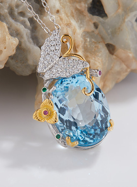 天然托帕石吊坠S925纯银双色蝶恋花奢华直播款项链女四爪锁骨链