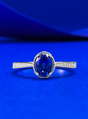 慕景珠宝 直播新款S925银仿真蓝宝5*7mm椭圆坦桑蓝时尚百搭戒指