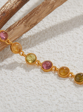 S925纯银手链奢华镶碧玺欧美跨境复古个性百搭气质手饰ins高级感