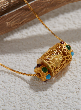 S925纯银古法金工艺复古吊坠首饰气质优雅百搭挂件民族饰品女项链