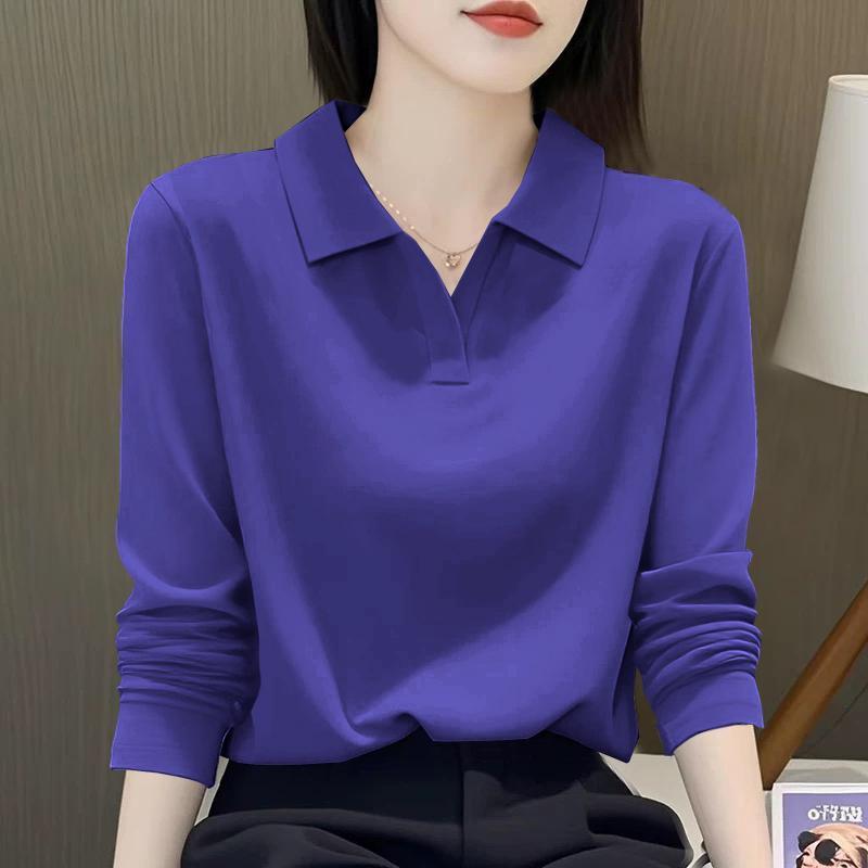 纯棉时尚翻领长袖上衣2026秋季新款大码减龄洋气休闲显瘦POLO衫女