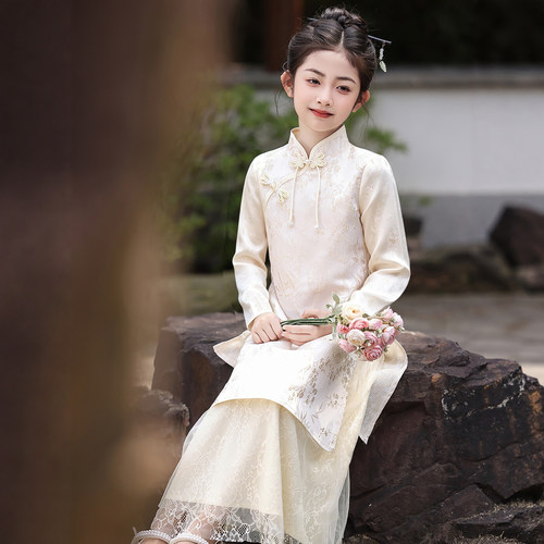 新中式女童旗袍礼服长袖女孩国风