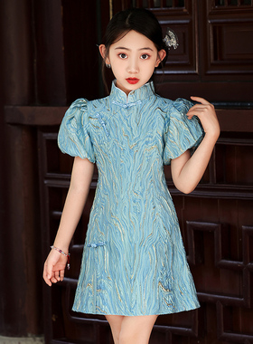 儿童旗袍礼服蓝色女宝宝洋气连衣裙女童走秀高端中国风公主裙夏季