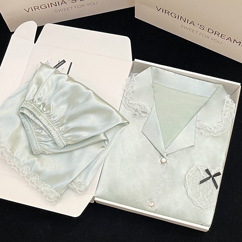 VRHE维拉赫星座天使冰丝睡衣女甜美减龄爱心蕾丝边短袖短裤家居服