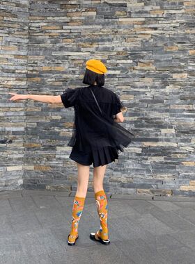 cdg shutong小仙女大裙摆黑色网纱拼接纯棉T恤假两件宽松显瘦