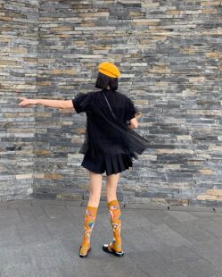 cdg shutong小仙女大裙摆黑色网纱拼接纯棉T恤假两件宽松显瘦