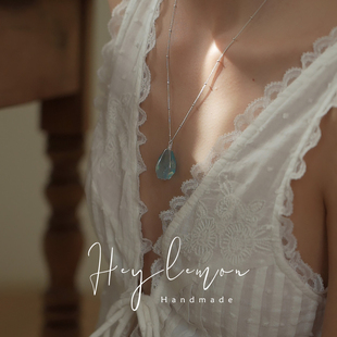 海蓝宝三月生辰石 幸运能量石纯手工制作海蓝宝吊坠项链925纯银