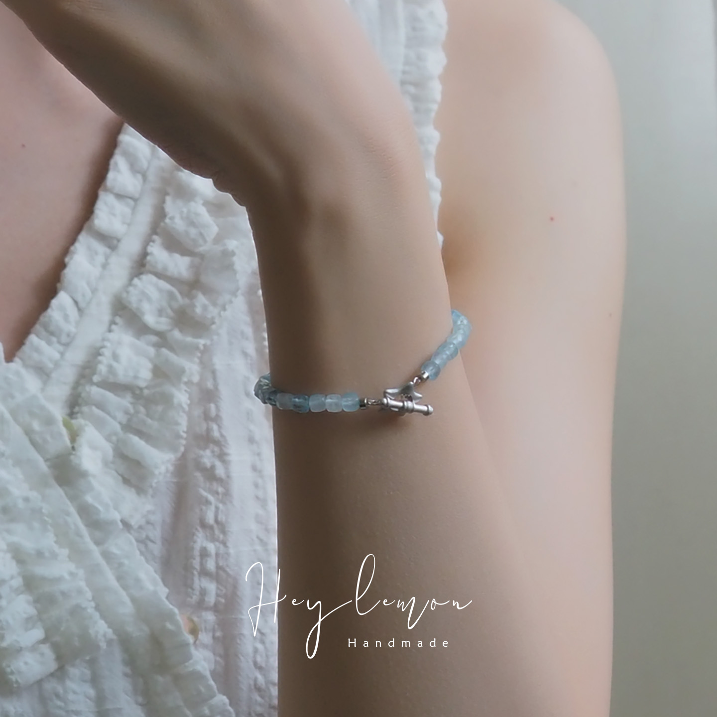 天然海蓝宝方糖手链925纯银