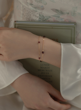 女14K包金石榴石复古双层手链